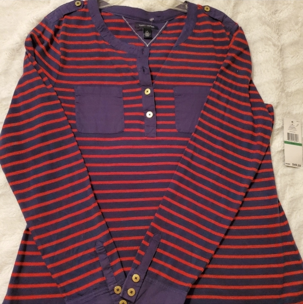 Tommy Hilfiger long sleeve Patriot Red Blue striped Shirt Large Nwt